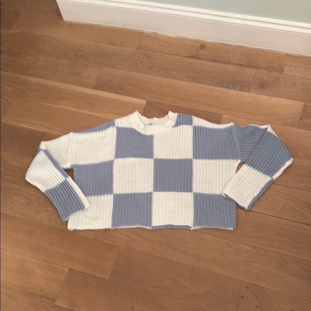 moon & madison Blue and White Checkered Crew Neck Sweater